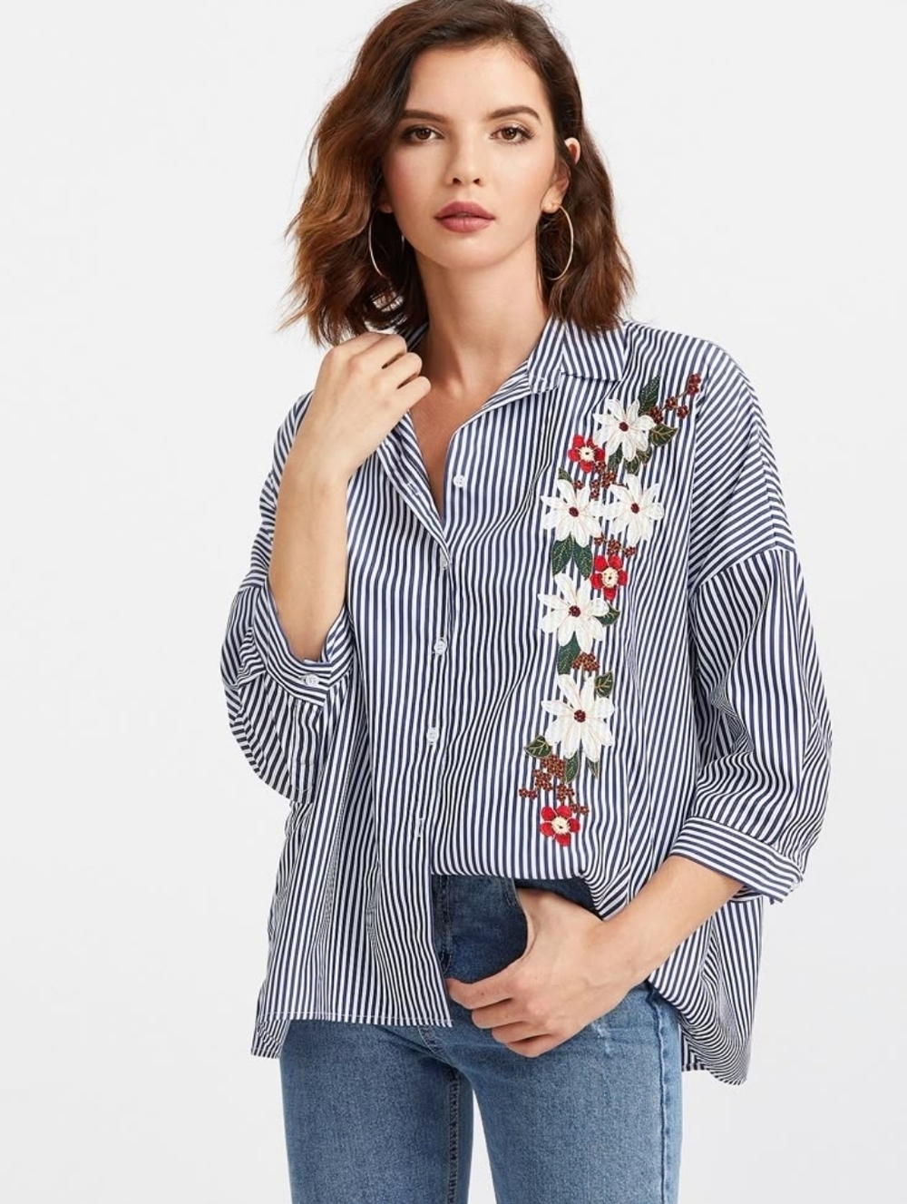 Blue Striped Floral Embroidered Men's Shirt